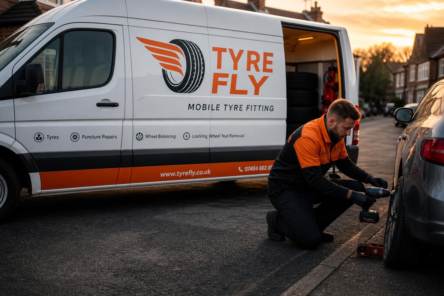 Tyrefly mobile fitting van with a technician changing a tyre at the kerbside